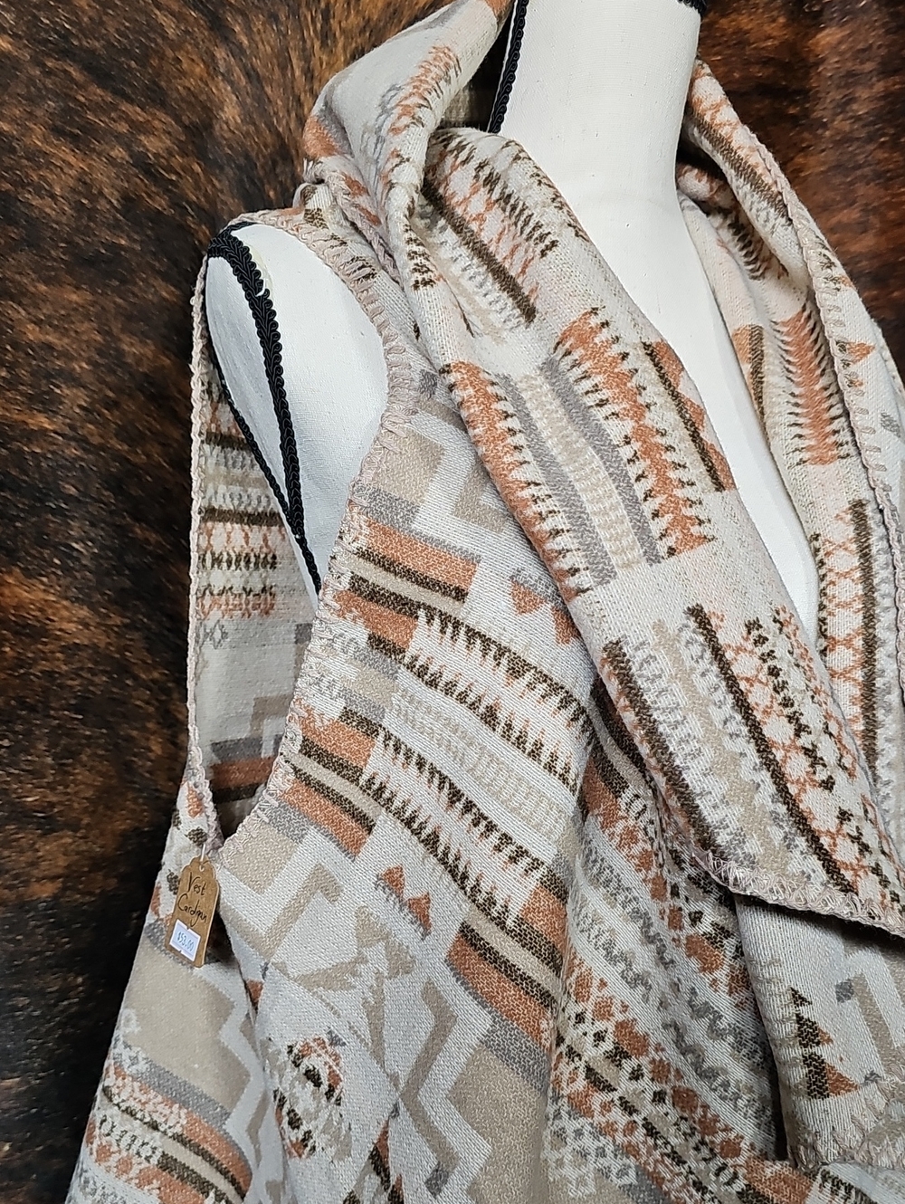 Neutral Aztec Print Draped Open Vest - Picture 4 of 5